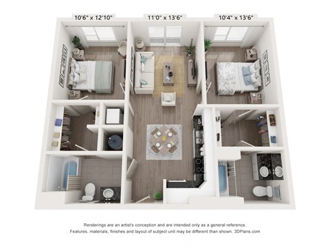 Floor plan for 2 beds, 2 baths, 950 sqft